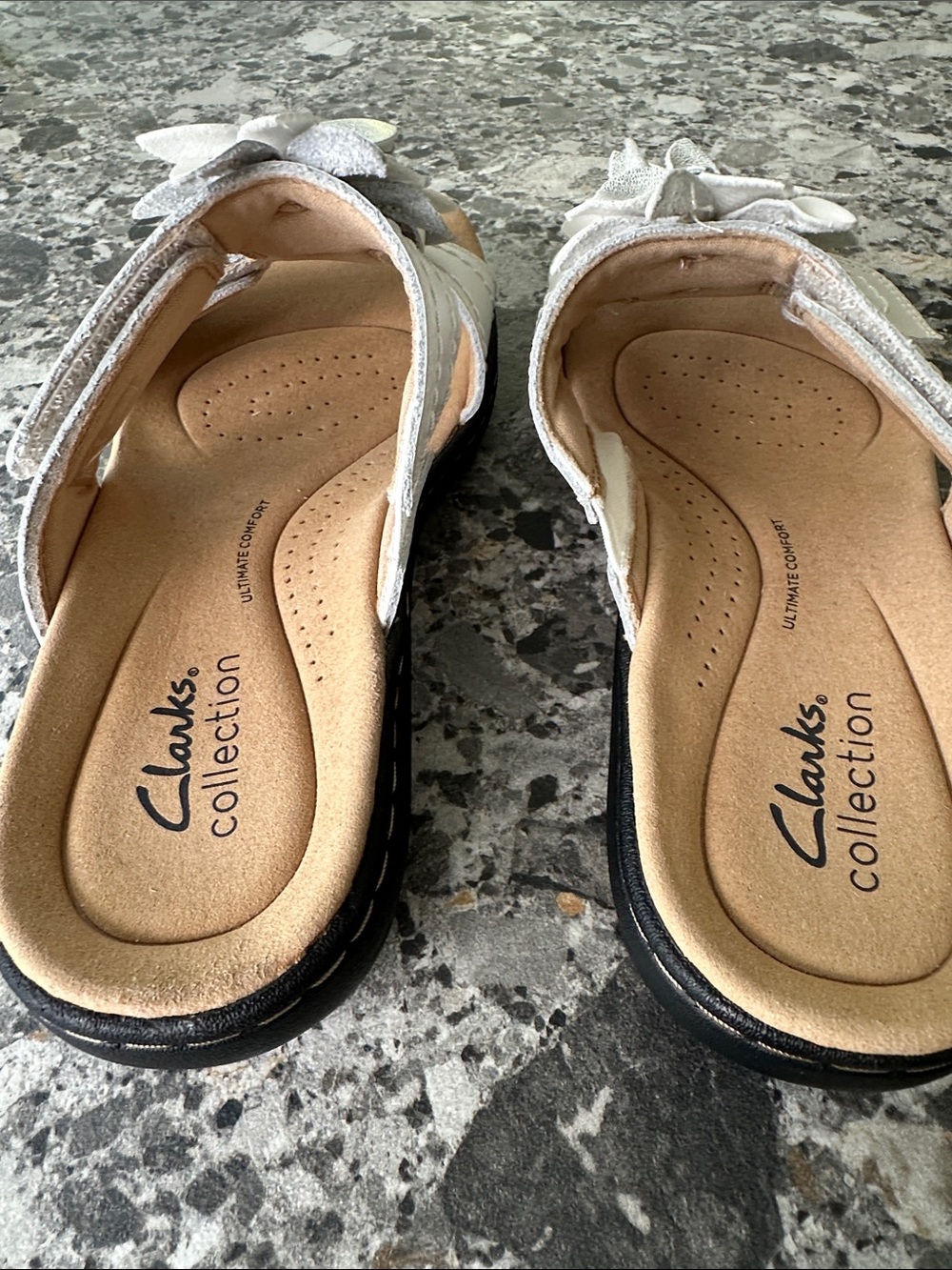 Women's New Clark’s White Floral Leather Slide Sandals - Picture 3 of 6